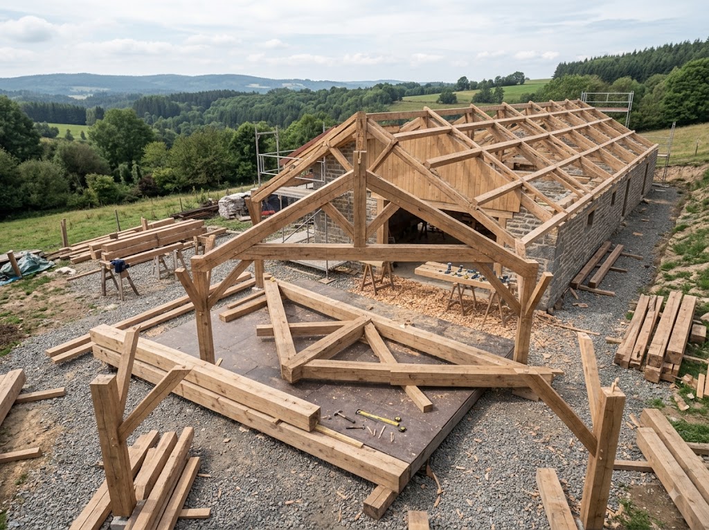 Assemblage d'une ferme de charpente en bois massif sur un chantier ouvert