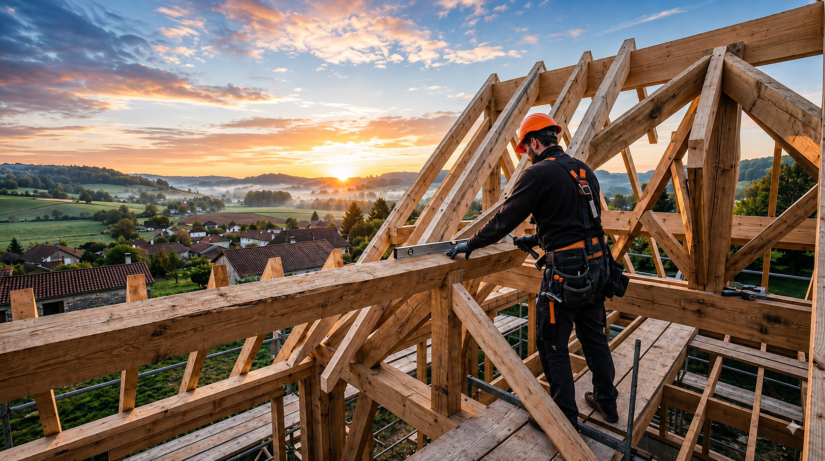 Charpentier ajustant une panne de toiture au lever du jour, chantier en Gironde