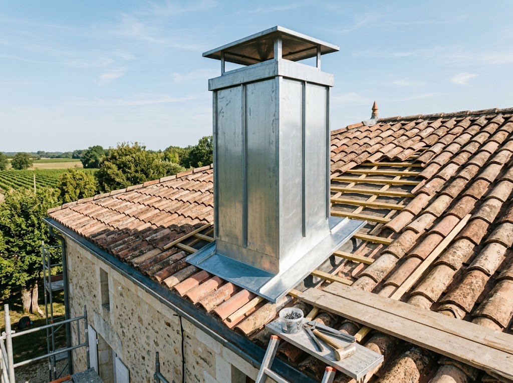 Habillage zinc d'une souche de cheminée après rénovation